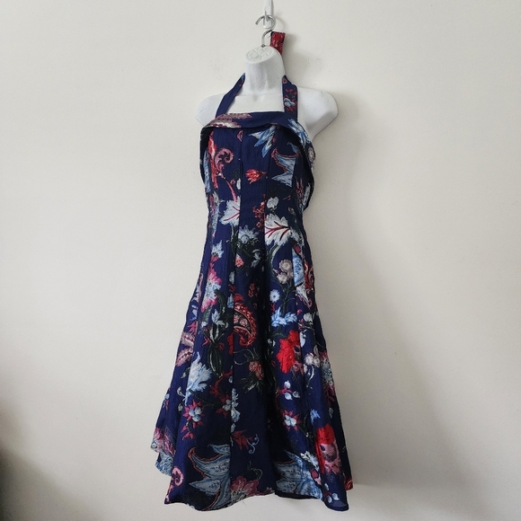 Marchesa Notte Women's Blue Strapless Floral Tea Length Gown Size 10 - Picture 5 of 16